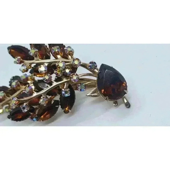 Vintage Brooch Rhinestone Leaf Spray Amber & AB Stones Estate Judy Lee - Picture 7 of 11